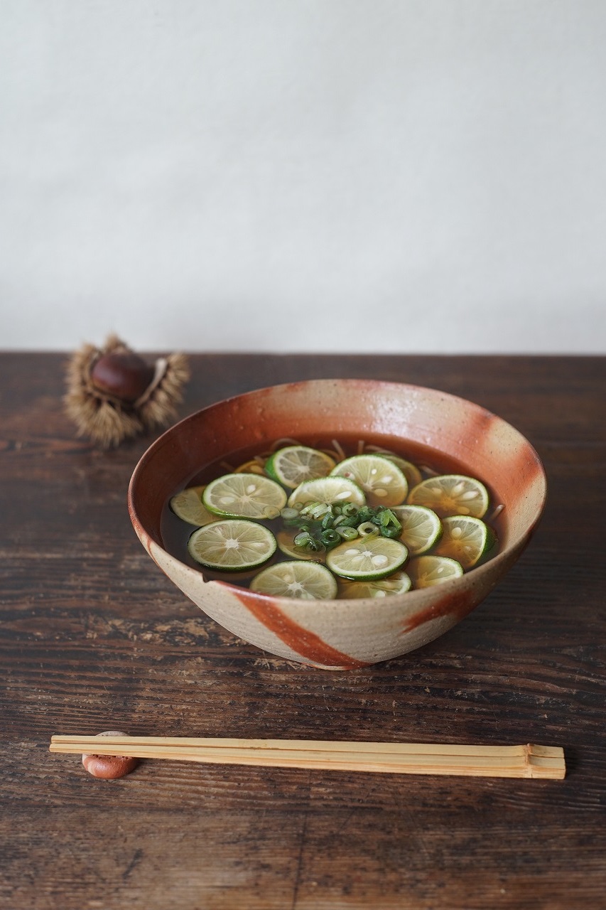 備前火襷麺鉢　Yoshiteru Takariki　－すだち蕎麦－